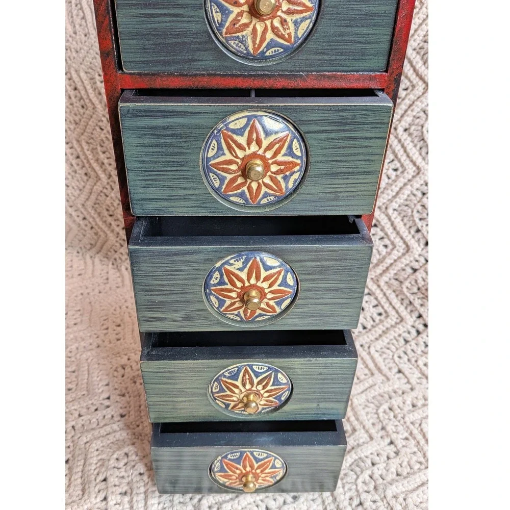 Vintage Pier 1 Tabletop Cabinet 5 Drawer Wood Mini Chest Red Green Hand Painted
